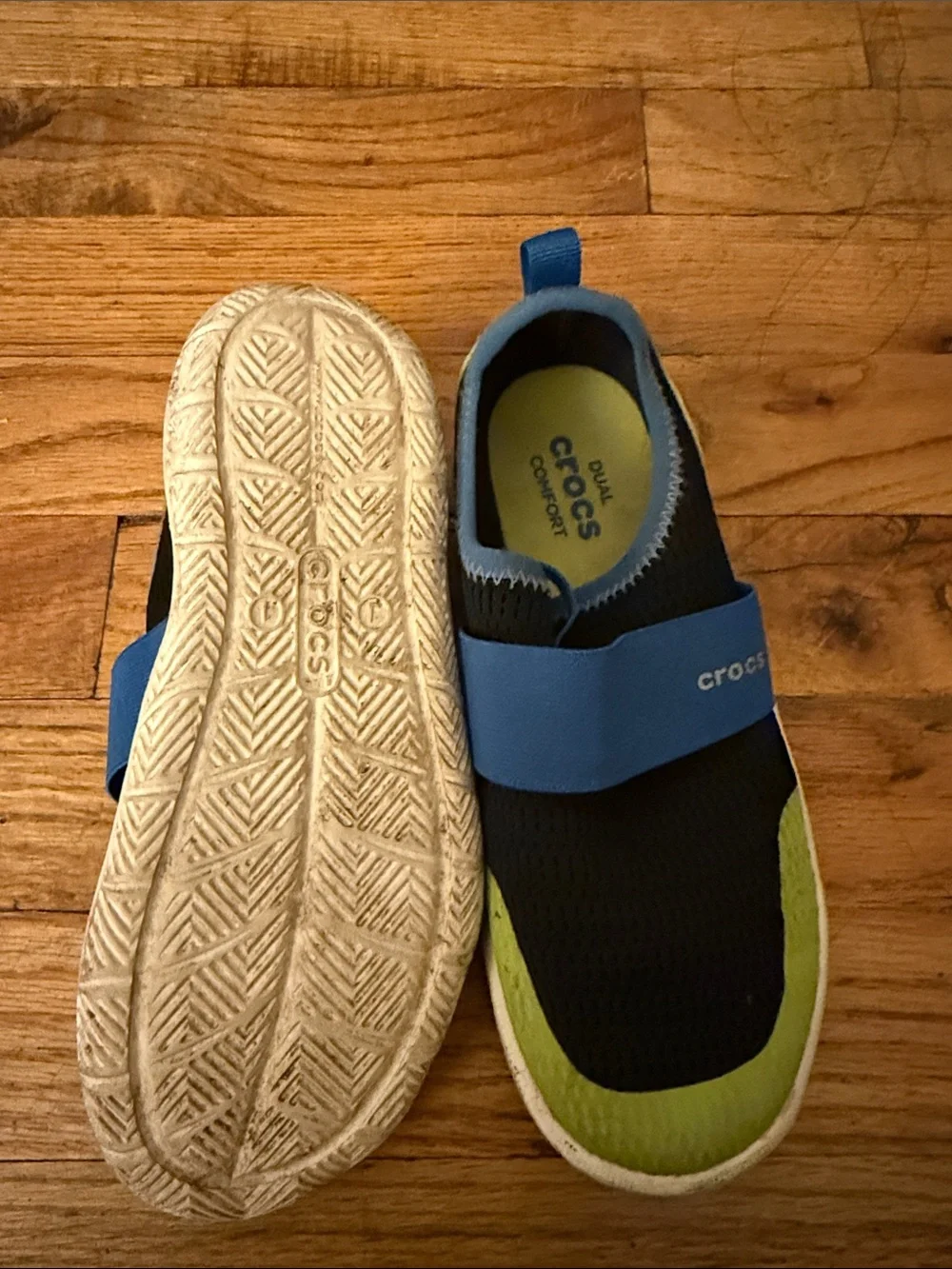 CROCS Kids Black, Lime & Blue Slip-On water shoes